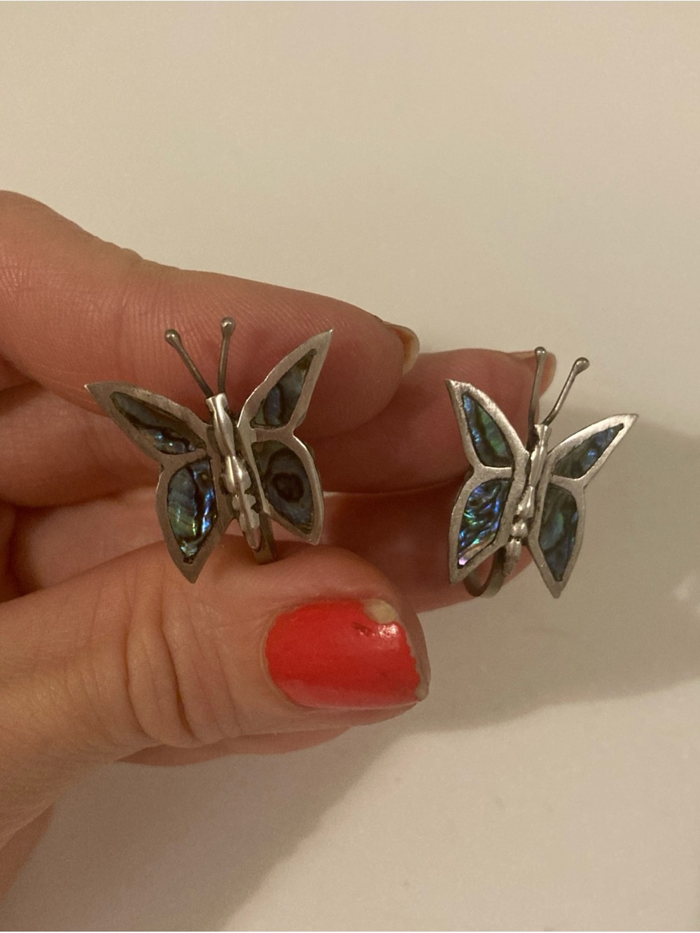 Vintage Butterfly Earrings Sterling Silver & Abalone Screw Clip-On Back Mexico